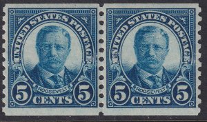 600 U.S 1924 Teddy Roosevelt 5¢ vertical coil pair MNH CV $7.50 Stock #4
