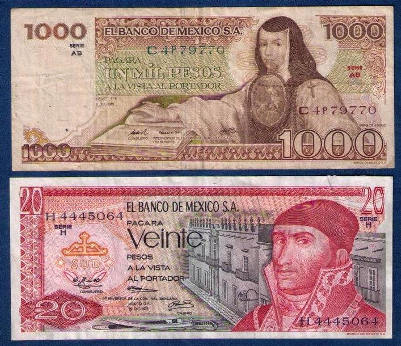 Banknotes 1972 & 1978 Mexico El Banco De Mexico (2) Banknotes Circulated Used