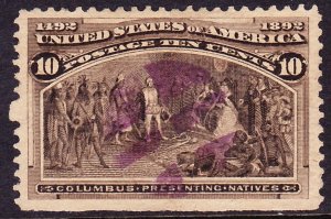 Scott 237, Used, 10c Columbian, Violet Cork Fancy Cancel, Thin Spot