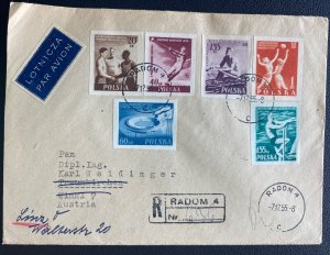 1955 Radom Poland Airmail Cover To Linz  Austria European Games Imperf Stamps