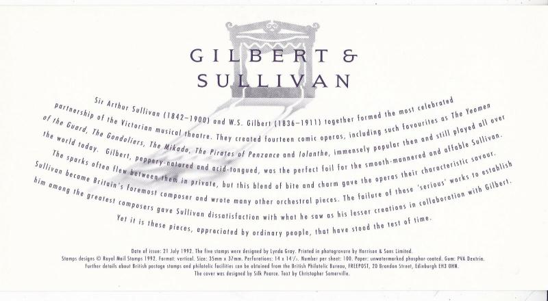 GB 1992 Gilbert & Sullivan FDC Eastbourne FDC Unadressed with enclosure VGC