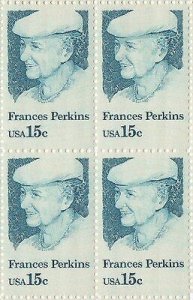 1980 Frances Perkins Block of 4 15c Postage Stamps, Sc#1821, MNH, OG