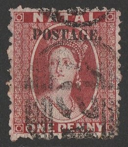 NATAL 1869 'POSTAGE' on QV Chalon 1d rose wmk crown CC reversed.