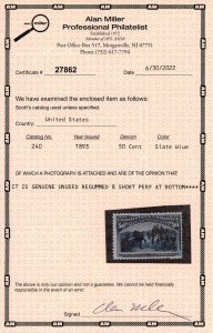 USAstamps Unused FVF US 1893 Expo Recall of Columbus Scott 240 RG NH +Cert
