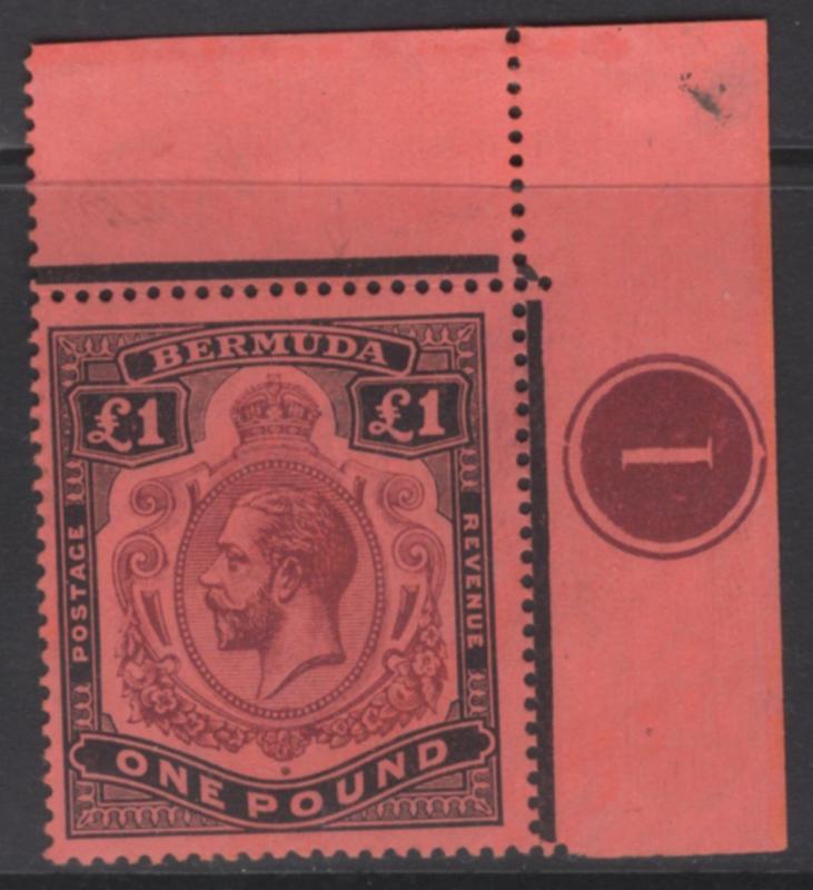 BERMUDA SG55a 1918 £1 PURPLE & BLACK/RED BREAK IN SCROLL MNH (MTD IN MARGIN)