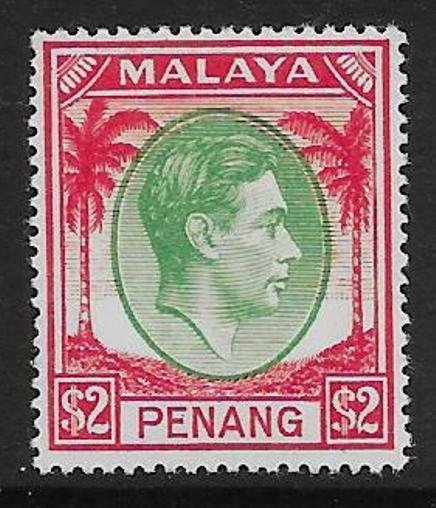 MALAYA PENANG SG21 1949 $2 GREEN & SCARLET MTD MINT (1701)