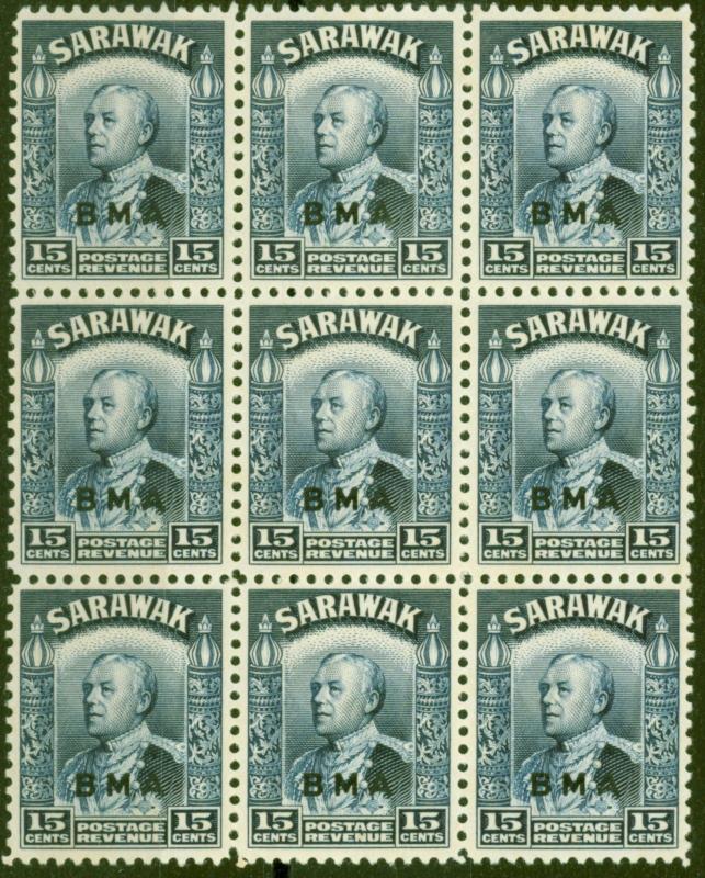 Sarawak 1945 BMA 15c Blue SG135 Fine MNH Block of 9