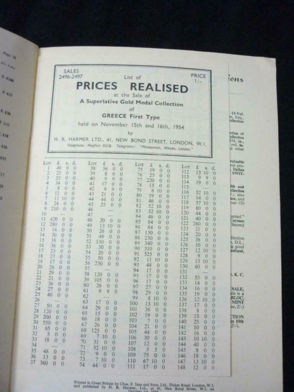 H R HARMER AUCTION CATALOGUE 1954 GREECE FIRST TYPE GOLD MEDAL COLLECTION