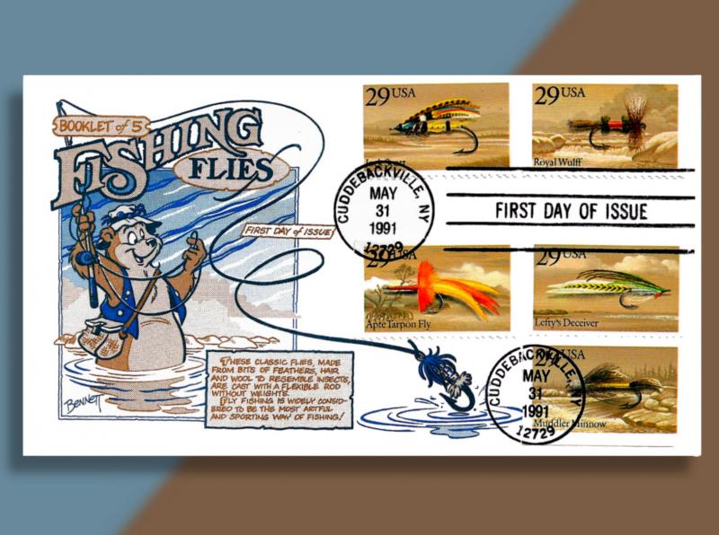 1991 Fishing Flies FDC -- Fisherman Bear Demonstrates His Casting Proficiency!