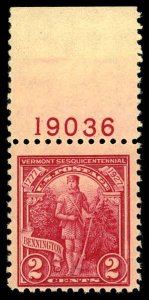 US Sc 643 F-VF/MNH Plate# Single - 1927 2¢  Green Mountain Boy