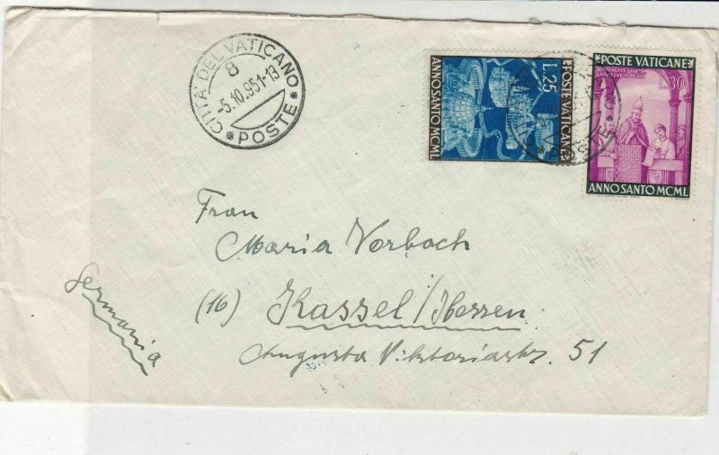 Vatican 1951 Buildings + Church Men Scene Stamps Cover to Germany Ref 29482