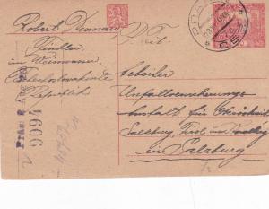 Czechoslavakia 1920 Prague to Salzburg Prepaid Postcard VGC