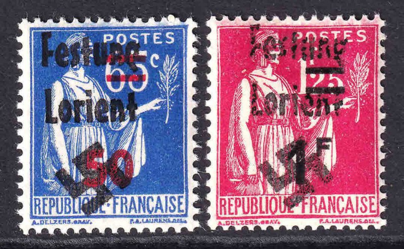 FRANCE 402, 407 FESTUNG LORIENT OVERPRINTS OG NH F/VF TO VF BEAUTIFUL GUM