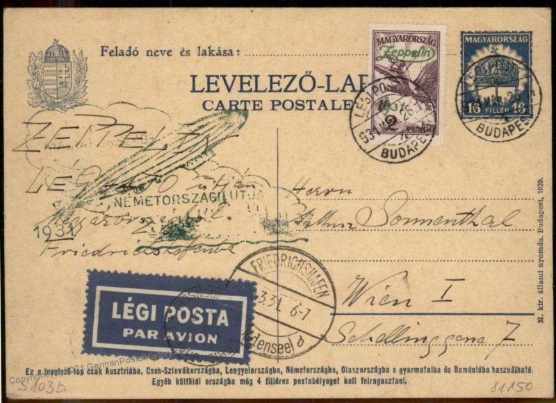 Hungary 1931 Graf Zeppelin 2p Flown Si103b Cover Debrecen 100814