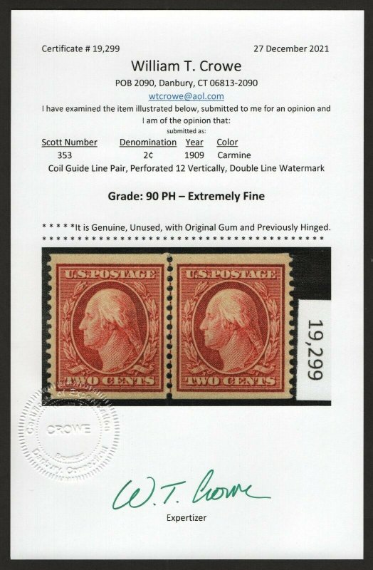 SCOTT #353 Mint Line Pair XF-90 OGlh - w/Crowe Cert. SMQ $1,500  (LB 01/01)