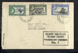 GILBERT & ELLICE ISLANDS COVER (PP0601B) 1944 KGVI 3 STAMP CENSOR FANNING IS LOC 