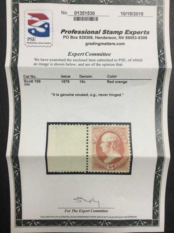 MOMEN: US STAMPS #189 MINT OG NH MARGIN PSE CERT