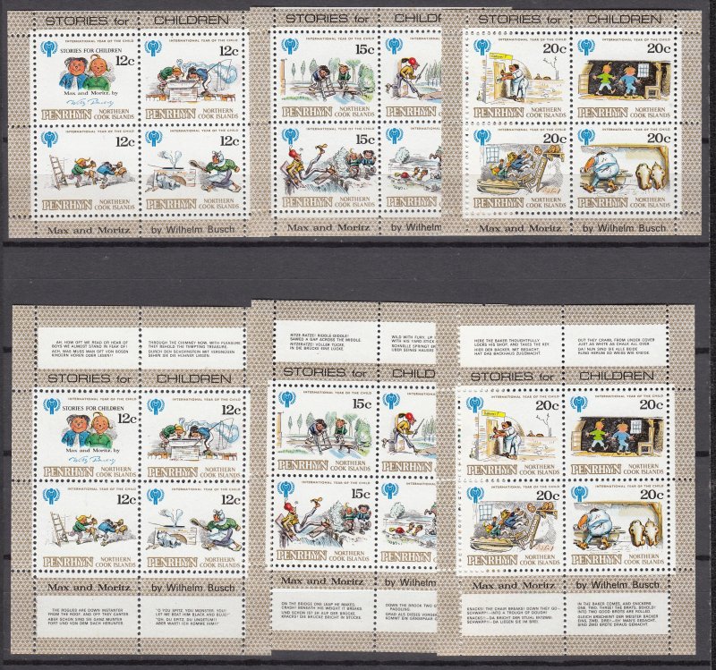 Z2986 1979 penrhyn island mnh set s/s #111-13 + sheets with full lables