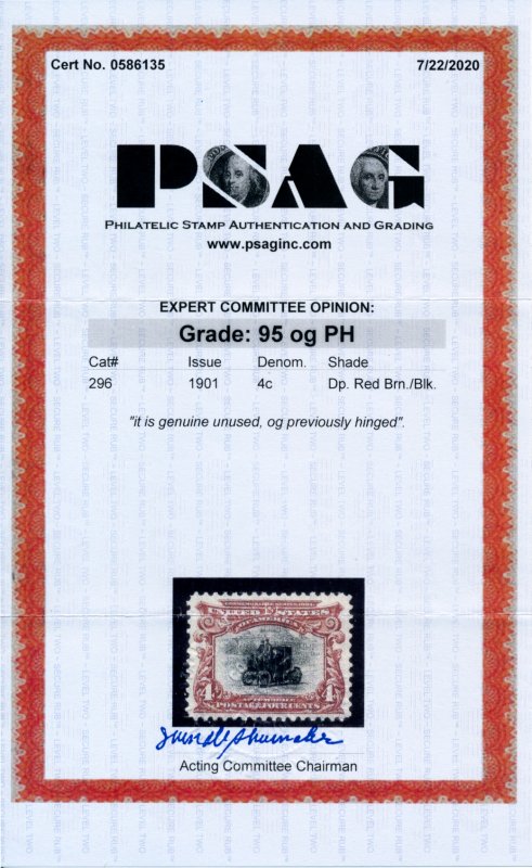 US 296 4c 1901 Pan American Expo Electric Automobile PSAG grade 95 unused OG PH