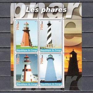 Congo Rep., 2003 issue. Lighthouses on a sheet of 4.