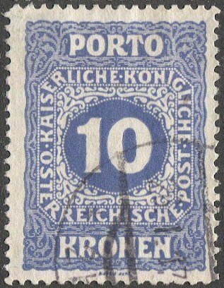 AUSTRIA 1916 Sc J59a  10k F-VF Used Postage Due, perf 12-1/2, cv $80