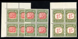 Australia #J92-94 Cat$300+, 1958 Postage Dues, 8p, 10p and 1sh, blocks of fou...
