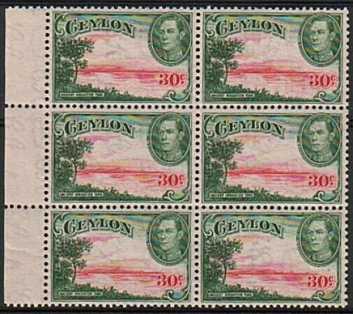 CEYLON 1938 GVI 30c sideways wmk SG393 block of 6 fresh MNH................17693