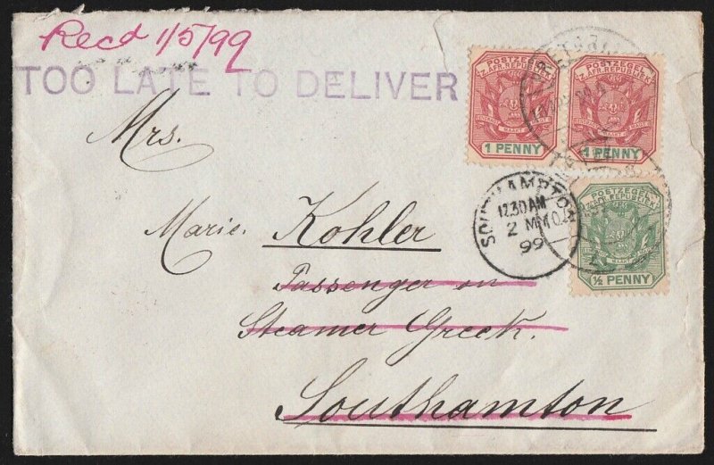 TRANSVAAL 1899 Cover Too Late to Deliver. Dead Letter Office.