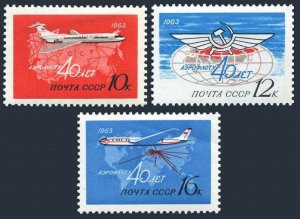 Russia C101-C103,MNH.Michel 2720-2722. Aeroflot-40,1963.Jet,Maps,Emblem.