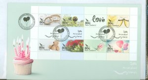 New Zealand 2528 2014 personalized stamps, love + celebration, sheet of 8 + labels on a cacheted, unaddressed fd cover