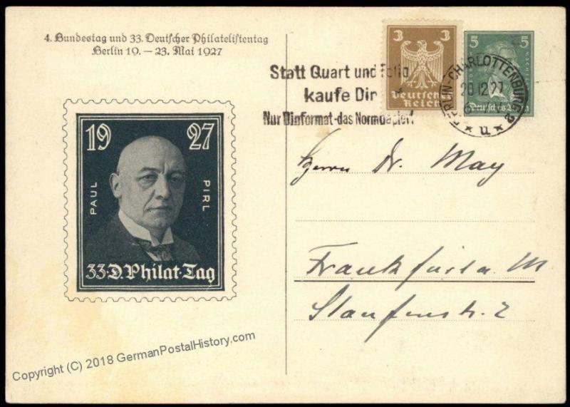 Germany 1927 33rd Philatelistentag Private Ganzsachen Postal Card Cover Us 68478