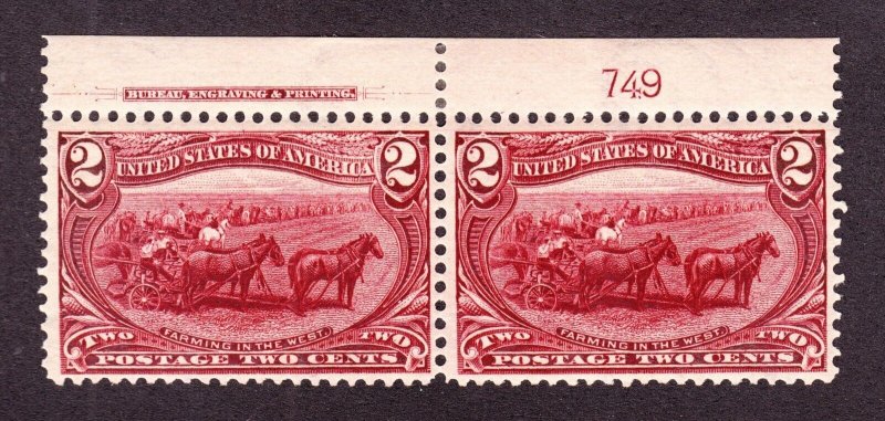 US 286 2c Trans-Mississippi Mint Plate #749 Top Pair VF OG NH SCV $160