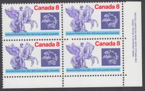 Canada - #648 8c Universal Postal Union Plate Block - MNH