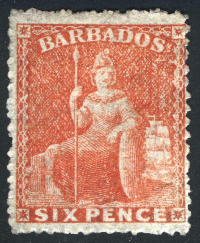 Barbados 1861 6d Orge Verm rough P14-16 No Wmk SG 31 Scott 20 MH Cat £140($172)