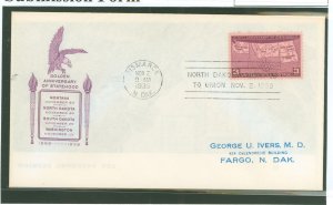 US 858 1939 3c Golden Anniversary of four states (single) on an printed addressed first day cover with a Bismarck, ND cancel and