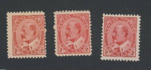 3x Canada Edward VII Stamps #90 -2c Shades All F 1x MNH 1x MH 1xGD GV=$80.00