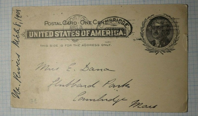 US Sc# UX14 Used Postal Card Cambridge MA 1901