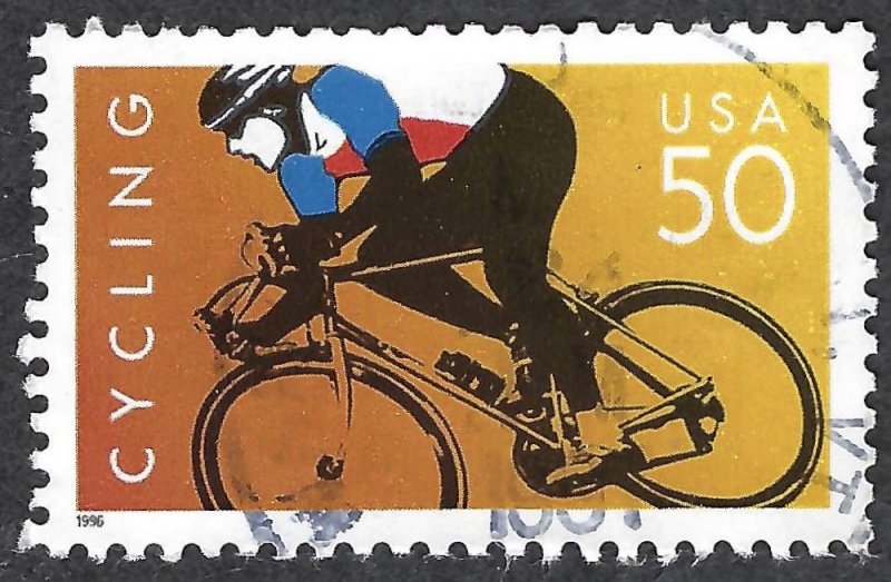 United States #3119a 50¢ Cycling (1996). From souvenir sheet. Used.