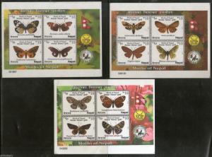 Nepal 2014 Butterflies of Nepal Moth Insect Animals Flags 3 M/s Set MNH # 6073