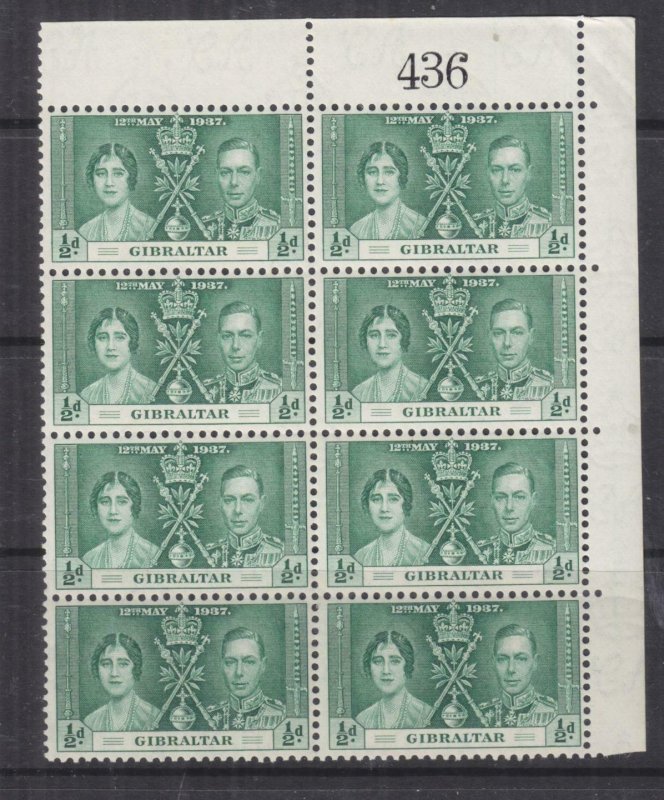 GIBRALTAR, 1937 Coronation, 1/2d. Green, Sheet # 436, block of 8, mnh.