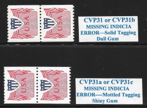 Scott # CVP31 Indicia MISSING ERRROS, Pairs, BOTH TYPES!! VF MNH