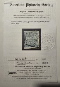 SWEDEN Stamp Scott #1 ($5000) - 3c blue green - Used (VF) - APS Certificate