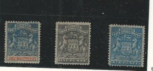 Rhodesia, Postage Stamp, #1, 2, 7 Mint Hinged, 1890-91