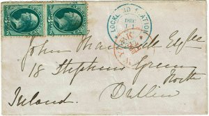 1872 Lockland Station, OH cancels in blue on cover to IRELAND, 3c Banknotes