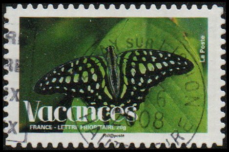 France 3442 - Used - (55c) Butterfly on Leaf / Vacations (2007) (cv $0.80) (2)