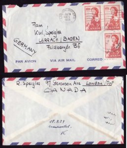 Canada cover-5c(3) QEII-airmail-Germany-London,Ont-Aug 15 1959-15c franking pays