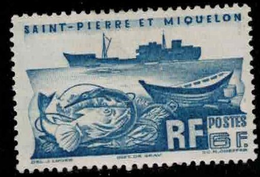 ST PIERRE & MIQUELON Scott # 338 Used 2 - Fishing Trawler & Fish