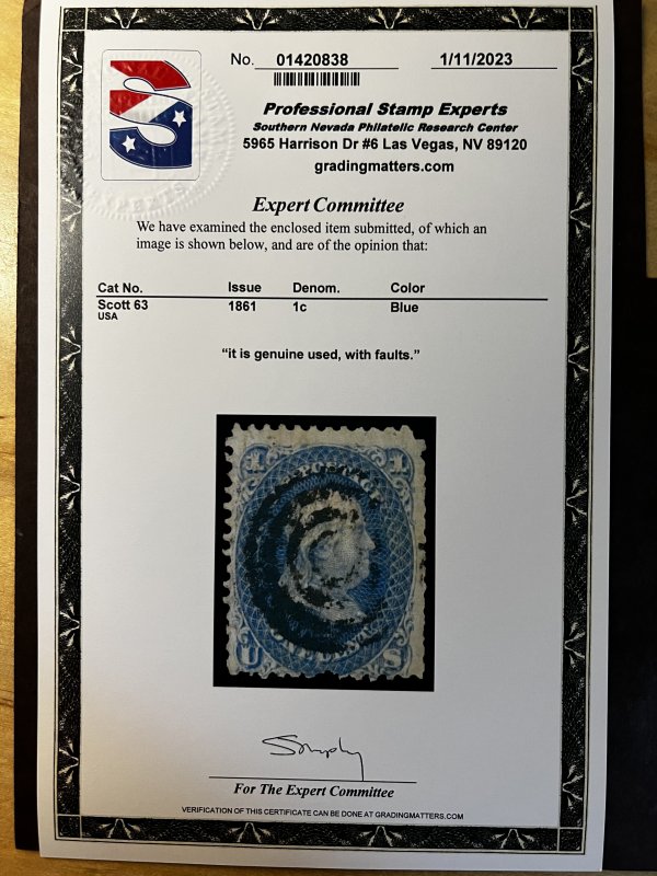 US Scott #63 used with Cert