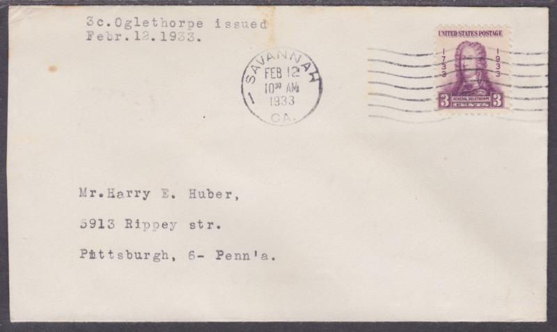 US Planty 726-4 FDC. 1933 Oglethorpe w/ Savannah, GA Chamber of Commerce Cachet