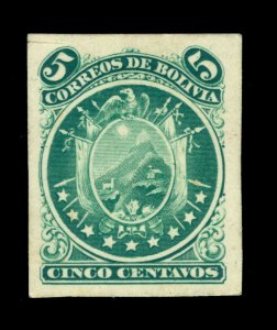 BOLIVIA 1868 Condor 5c grn  AMERICAN BANK NOTE Co. DIE PROOF on very thick paper